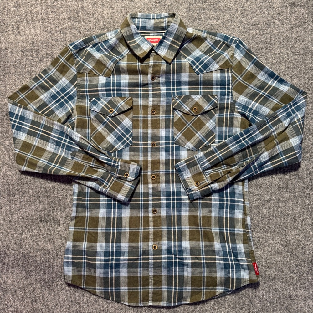 Wrangler Plaid Western Shirt Long Sleeve Button Up Flannel Small‎ Flap Workwear